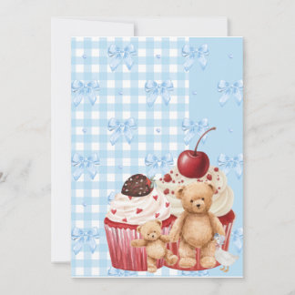 Cute Blue Gingham Teddy Bear & Ribbon  Inbjudningar