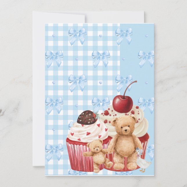 Cute Blue Gingham Teddy Bear & Ribbon  Inbjudningar (Framsida)