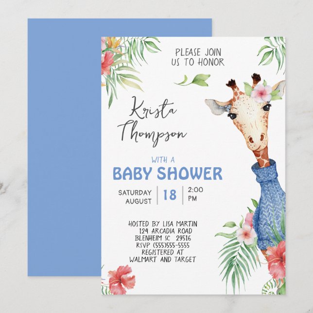 Cute Blue Giraffe Baby Shower Inbjudningar (Fram/baksida)