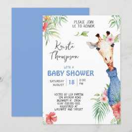 Cute Blue Giraffe Baby Shower Inbjudningar