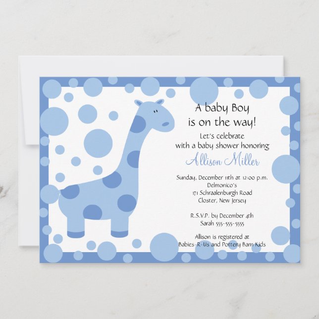 Cute Blue Giraffe Boy Shower-inbjudan Inbjudningar (Framsida)