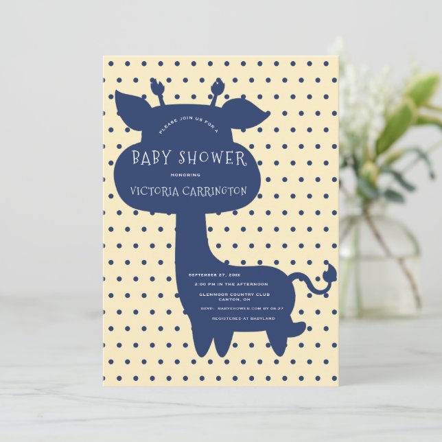 Cute Blue Giraffe Polkadot Gult Baby Shower Inbjudningar (Stående Fram)