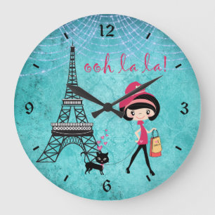 Cute Blue Girl, Cat och Eiffel Torn Paris Clock Stor Klocka