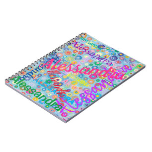 Cute Blue Girly Roligt Flowers any Namn Collage Anteckningsbok