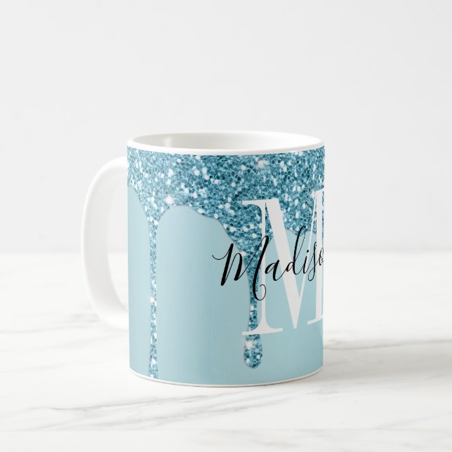 Cute Blue glitter monogram kaffe mugg (Framsida vänster)