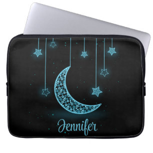 Cute Blue Glowing Måne & Hanging Stars Laptop Fodral