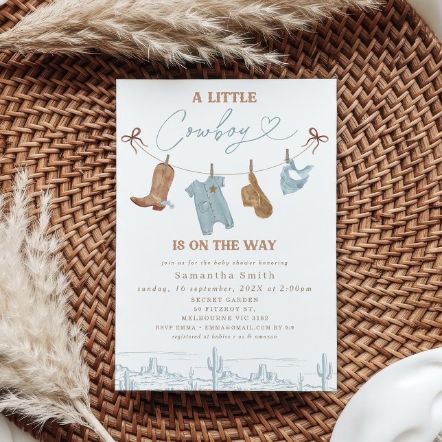 Cute Blue-grått Clothes Little Cowboy Shower Inbjudningar (Little Cowboy Baby Shower Invitation Template, A Little Cowboy I s On The Way Baby Shower Invite)
