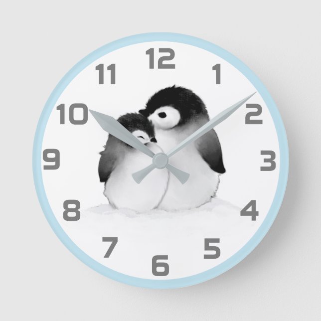 Cute Blue Grått Penguins Wall Clock Rund Klocka (Framsida)