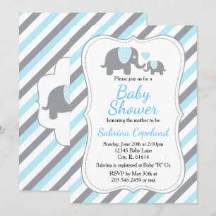 Cute Blue & Grått Rand Elephant Baby Shower Inbjudningar