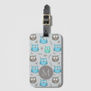 Cute Blue Grått Uggla Mönster Monogram Bagagebricka