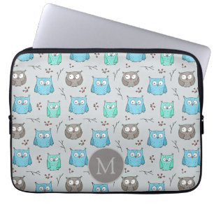 Cute Blue Grått Uggla Mönster Monogram Laptop Fodral