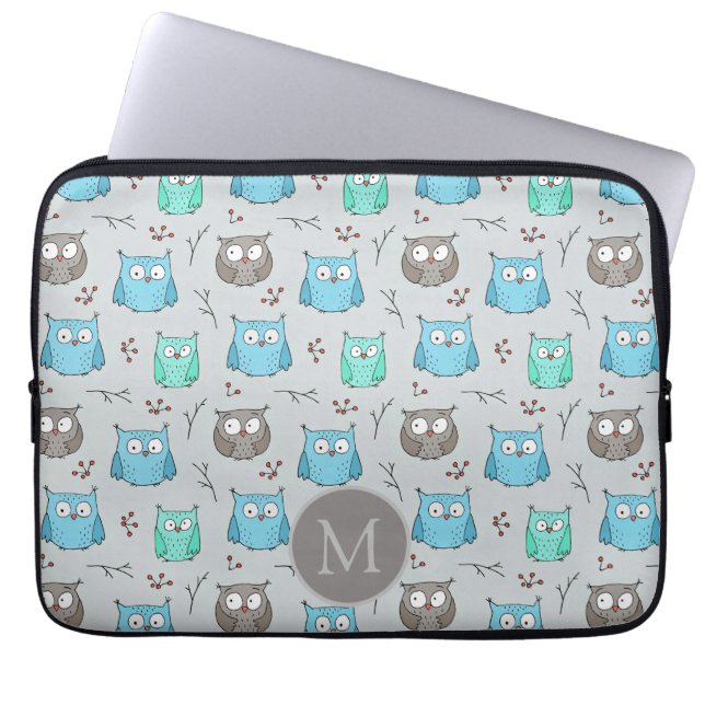 Cute Blue Grått Uggla Mönster Monogram Laptop Fodral (Framsidan)