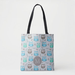 Cute Blue Grått Uggla Mönster Monogram Tygkasse
