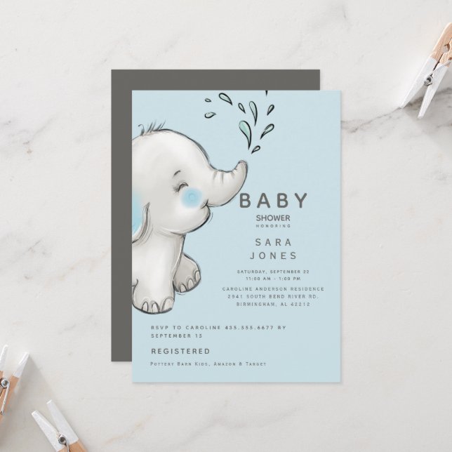 Cute Blue & Grått Watercolor Elephant Baby Shower Inbjudningar (Fram/Back In Situ)