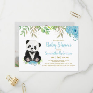 Cute Blue Greenery Boy Panda Baby Shower Photo Inbjudan Vykort