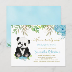Cute Blue Greenery Guld Bear Boy Shower Inbjudan Vykort