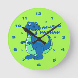 Cute Blue Grönt Dinosaur Hej Namn Kids Rund Klocka