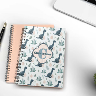 Cute Blue Grönt Dinosaur med Monogram och Namn Anteckningsbok