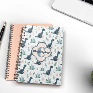 Cute Blue Grönt Dinosaur med Monogram och Namn Anteckningsbok