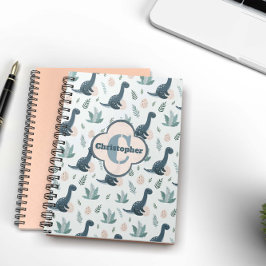 Cute Blue Grönt Dinosaur med Monogram och Namn Anteckningsbok