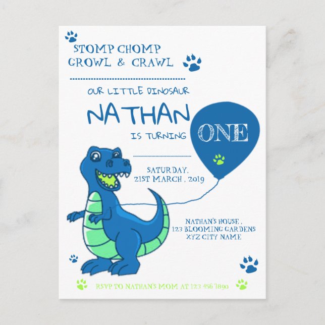Cute Blue-Grönt Dinosaur Thmet Birthday Inbjudan Vykort (Framsida)