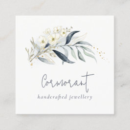 Cute Blue Grönt Guld Leafy Botanical Blommigt Bunc Fyrkantigt Visitkort