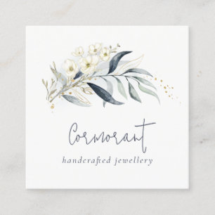 Cute Blue Grönt Guld Leafy Botanical Blommigt Bunc Fyrkantigt Visitkort