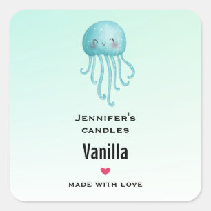 Cute Blue-Grönt Jellyfish Candle Business Fyrkantigt Klistermärke