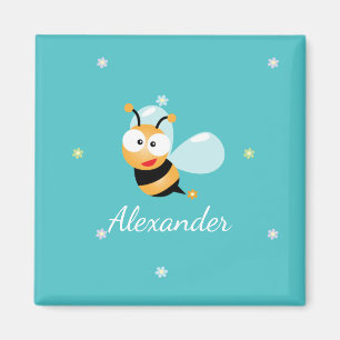 Cute Blue Grönt Sweet Humla Flowers Tecknad Magnet