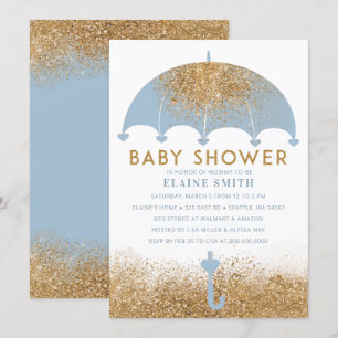 Cute Blue Guld Glitter Paraplla Baby Shower Inbjudningar