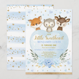 Cute Blue Guld Woodland Sötnos 1:a födelsedag Inbjudningar