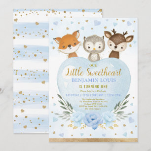 Cute Blue Guld Woodland Sötnos 1:a födelsedag Inbjudningar