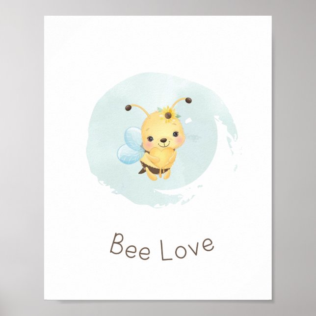 Cute Blue/Gult Bee Lycklig Boys Nursery Wall Art Poster (Framsidan)