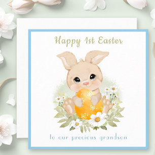 Cute Blue Gult Bunny Grandson 1st Påsk Card Kort