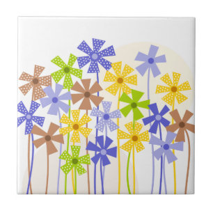 Cute Blue gult Bunt, enkla blommor teckning Kakelplatta