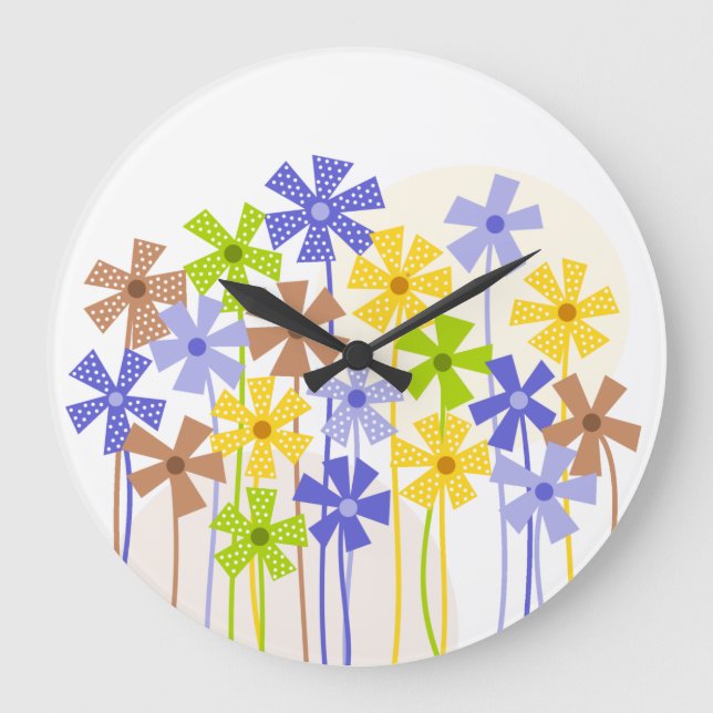 Cute Blue gult Bunt, enkla blommor teckning Stor Klocka (Framsida)