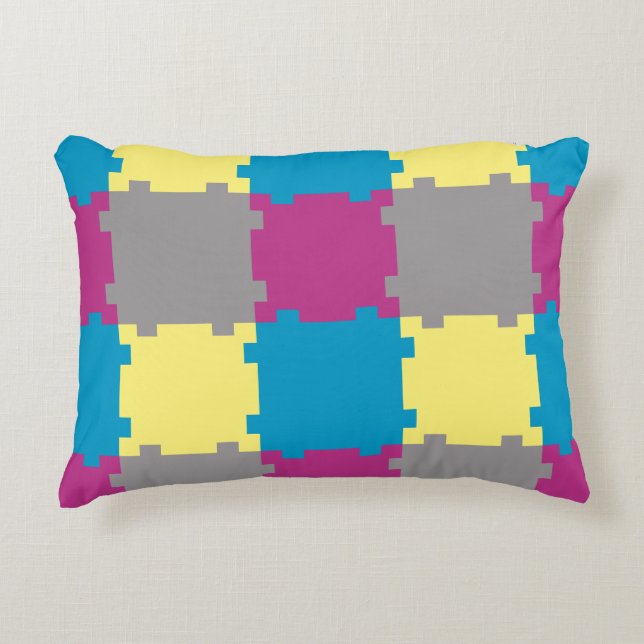 Cute Blue Gult Lila Grått Puzzle som Mönster Prydnadskudde (Framsidan)