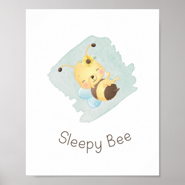 Cute Blue/Gult Sömnig Be Nursery Wall Art Poster (Framsidan)