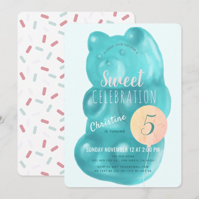 Cute Blue Gummy Bear Sweet Candy Birthday Inbjudningar (Fram/baksida)
