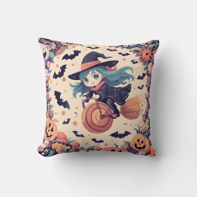 Cute Blue-Haired Witch Halloween Pillow Kudde (Framsida)