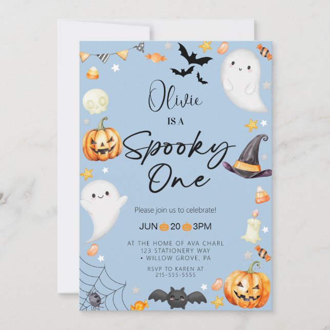Cute Blue Halloween Ghost 1st Boy Birthday Inbjudningar (Framsida)