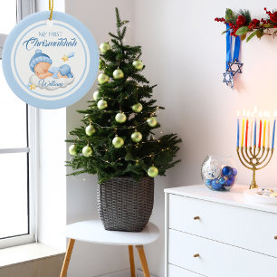 Cute Blue Hanukkah Baby första Chrismukkah Julgransprydnad Keramik