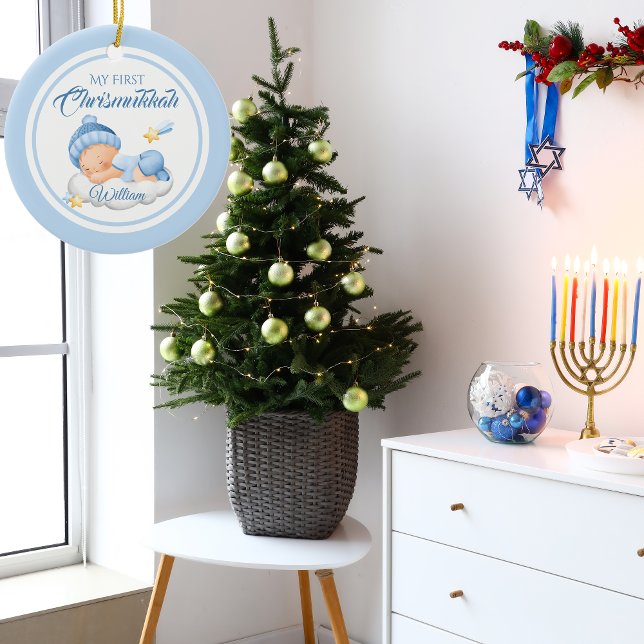 Cute Blue Hanukkah Baby första Chrismukkah Julgransprydnad Keramik (Skapare uppladdad)