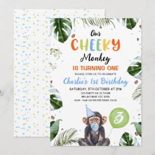 Cute Blue Hat Vår Cheeky Monkey 1:a födelsedag Inbjudningar