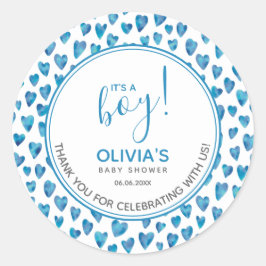 Cute Blue Heart Baby Shower Det är en pojke Runt Klistermärke