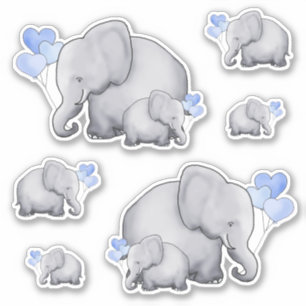 Cute Blue Heart Balloons Baby Elephants Klistermärken