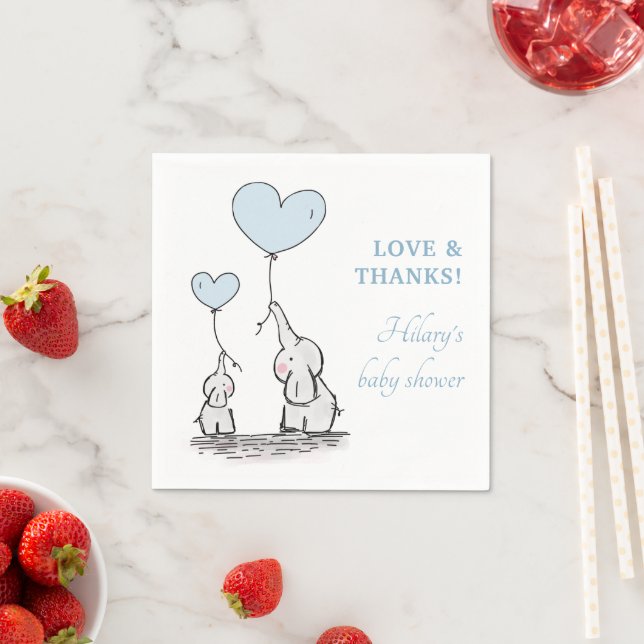 Cute Blue Heart Balloons Boy Elephant Baby Shower Pappersservett (Insitu)
