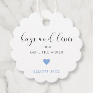 Cute Blue Heart Boy Hugs och Kisses Baby Shower Gåvor Etiketter