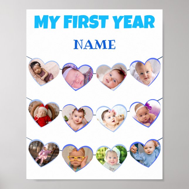 Cute Blue Hearts mitt första år 12 fotokollage Poster (Framsidan)