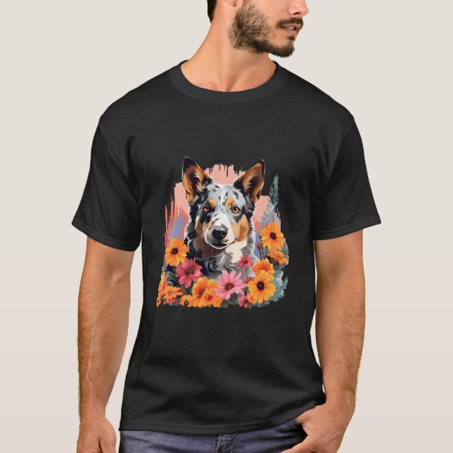 Cute Blue Heeler Vår Blomsterträdgård Australien C T Shirt (Framsida)